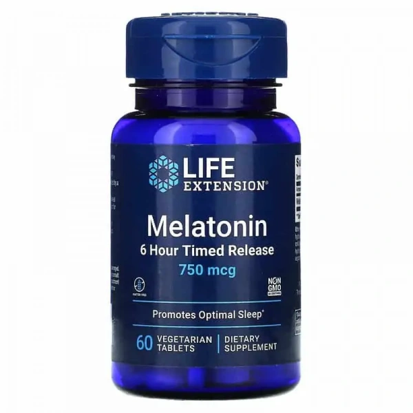 LIFE EXTENSION Melatonin 6 Hour Timed Release 750mcg 60 Vegetarian Tablets