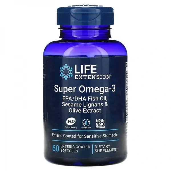 LIFE EXTENSION Super Omega-3 EPA / DHA with Sesame Lignans & Olive Extract 60 Enteric Coated Softgels
