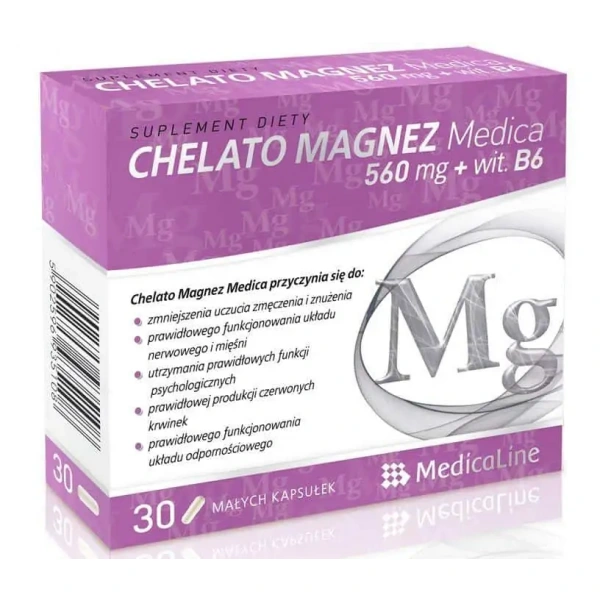 MEDICALINE Chelato Magnez 560mg (Magnez chelatwyny z Witaminą B6) 30 Kapsułek