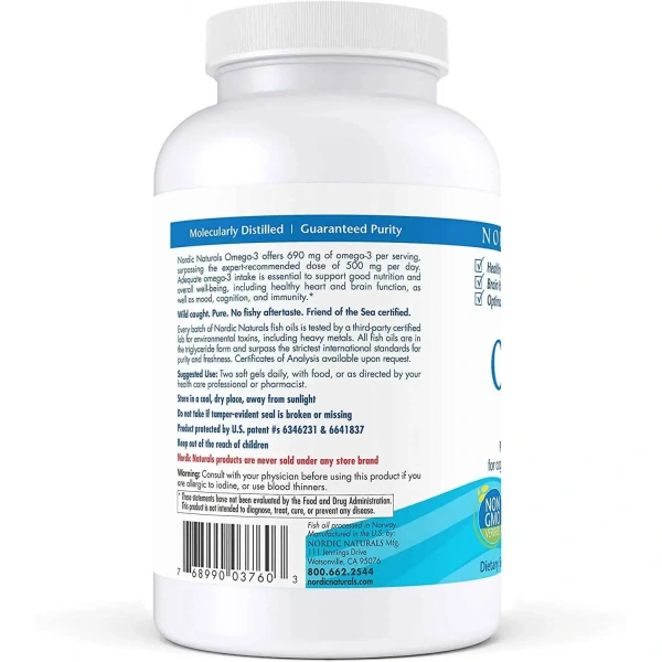 NORDIC NATURALS Omega-3 690mg (EPA DHA Wsparcie Zdrowia Mózgu i Serca) 180 Softgels Cytryna