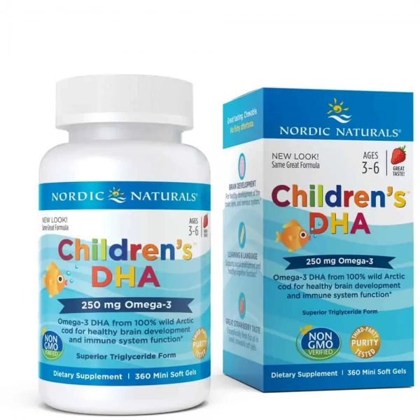 Nordic Naturals Children's DHA 250mg (Omega-3 for Kids) 360 Gel Caps - Strawberry
