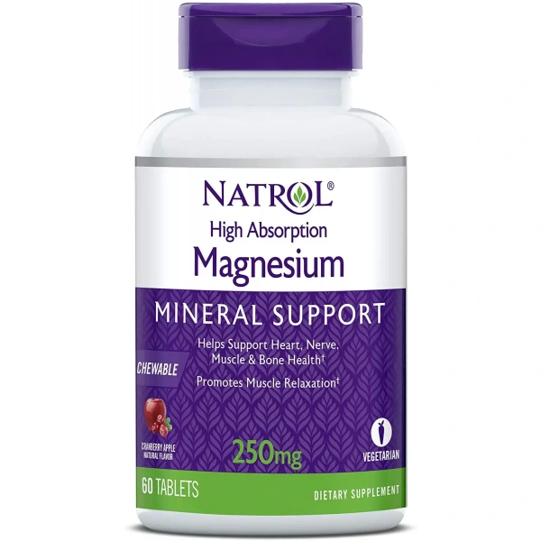 NATROL High Absorption Magnesium 250mg 60 Chewable Tablets Cranberry Apple