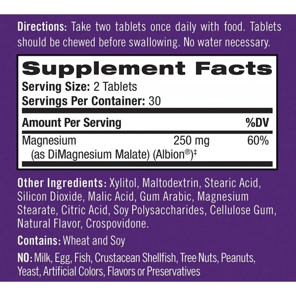 NATROL High Absorption Magnesium 250mg 60 Chewable Tablets Cranberry Apple