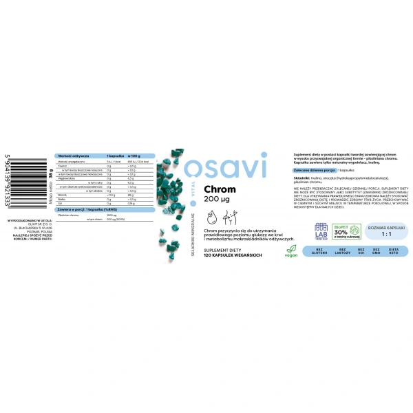 OSAVI Chrom 200mcg (Metabolizm fitoskładników) 120 Kapsułek wegańskich