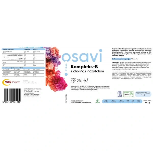 OSAVI Kompleks-B z choliną i inozytolem (B complex with choline and inositol) 120 Vegan Capsules