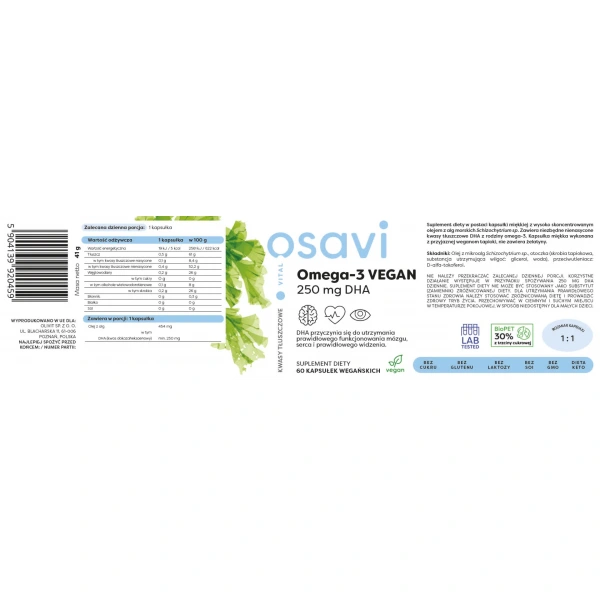 OSAVI Omega-3 VEGAN 250mg DHA 60 Vegan capsules