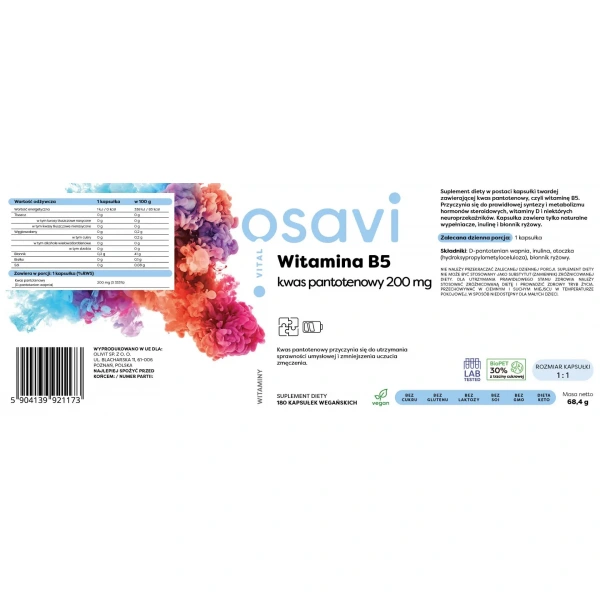 OSAVI Witamina B5 Kwas pantotenowy 200mg (Wsparcie układu nerwowego) 180 Kapsułek wegańskich
