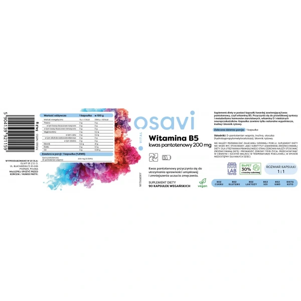 OSAVI Witamina B5, kwas pantotenowy 200mg (Vitamin B5, pantothenic acid) 90 Vegan Capsules