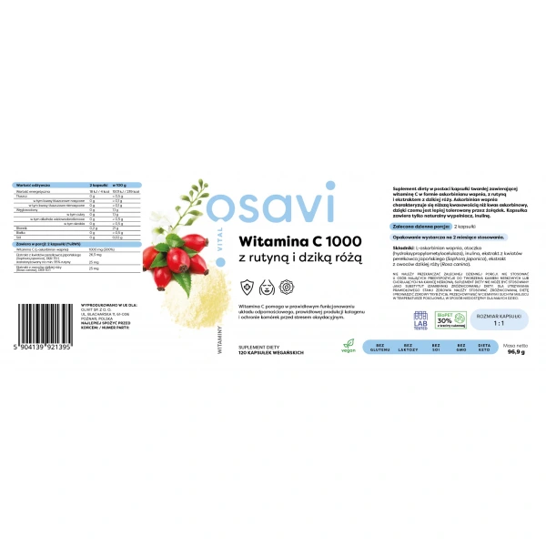 OSAVI Vitamin C 1000 with Rutin and Rosehip 120 Vegan Capsules