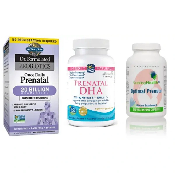Kompleksowy zestaw dla kobiet w ciąży SEEKING HEALTH Optimal Prenatal / NORDIC NATURALS Prenatal DHA / GARDEN OF LIFE Probiotics Once Daily Prenatal