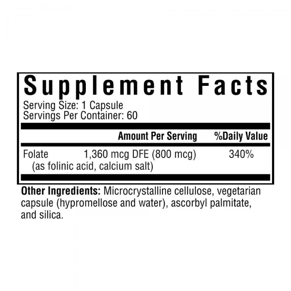 SEEKING HEALTH Folinic Acid 800mcg (Kwas Folinowy) - 60 kapsułek wegetariańskich. Suplement diety