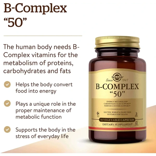 SOLGAR B-Complex 50 (Kompleks Witamin z grupy B) 50 Kapsułek wegetariańskich