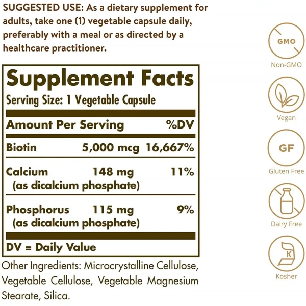 SOLGAR Biotin 5000mcg (Biotin, Hair, Skin and Nails) 100 Vegetarian Capsules
