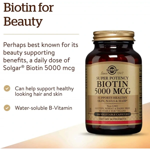 SOLGAR Biotin 5000mcg (Biotin, Hair, Skin and Nails) 100 Vegetarian Capsules
