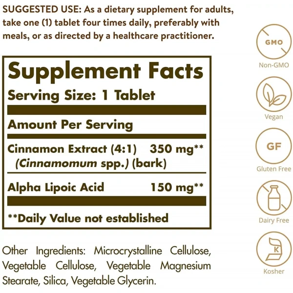 SOLGAR Cinnamon and Alpha Lipoic Acid - 60 vegetarian tablets