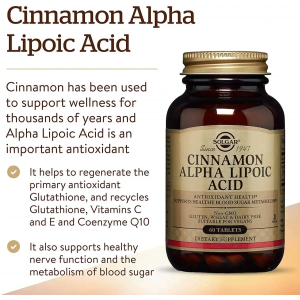 SOLGAR Cinnamon and Alpha Lipoic Acid (Cynamon i Kwas Alfa-Liponowy) - 60 tabletek wegetariańskich