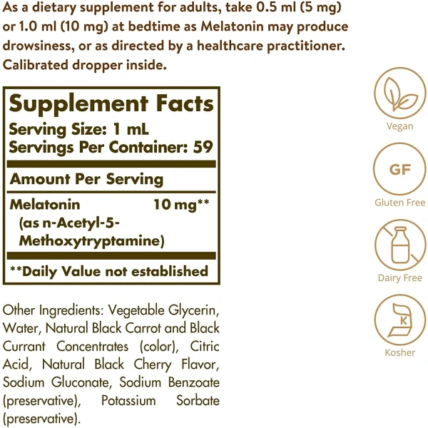 SOLGAR Liquid Melatonin 10mg (Melatonina, Wsparcie przy zasypianiu) 59ml Czarna Wiśnia