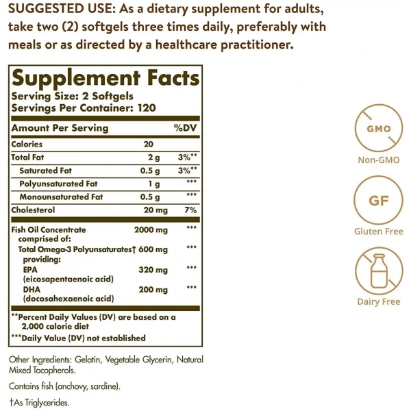 SOLGAR Omega-3 Fish Oil Concentrate (Omega-3, EPA, DHA) 1000mg 240 Softgels