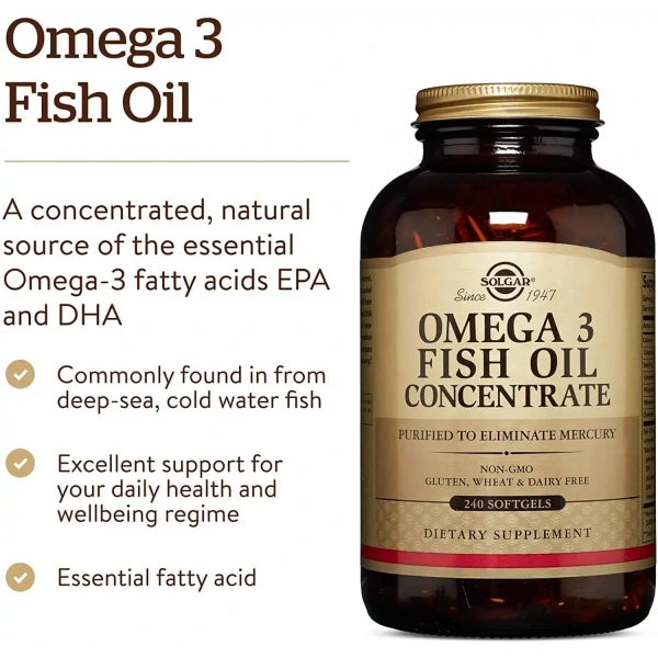SOLGAR Omega-3 Fish Oil Concentrate (Omega-3, EPA, DHA) 1000mg 240 Softgels