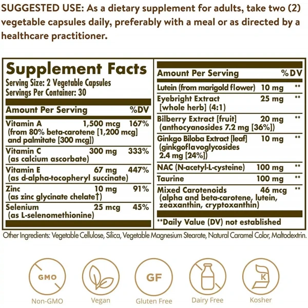 SOLGAR Bilberry, Ginkgo, Eyebright Complex Plus Lutein 60 vegetarian capsules