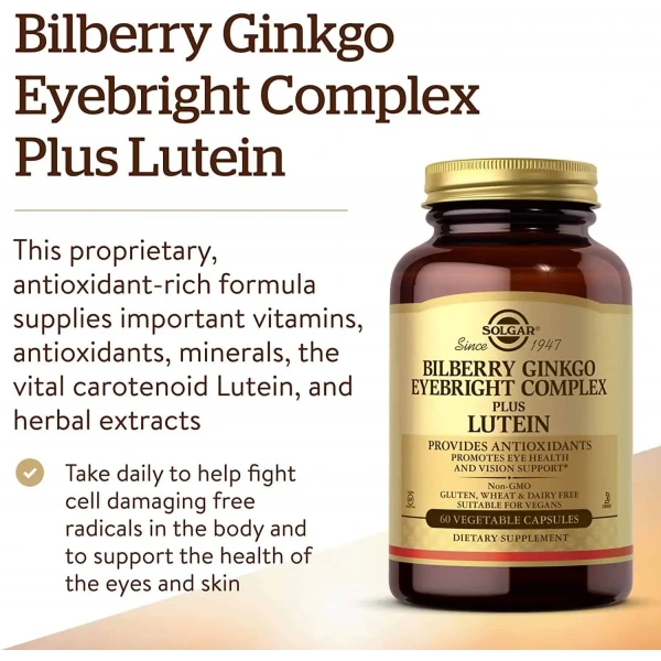 SOLGAR Bilberry Ginkgo Eyebright Complex plus Lutein (Borówka, Miłorząb, Luteina) 60 Kapsułek wegetariańskich