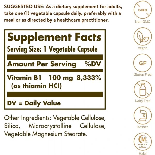 SOLGAR Vitamin B1 100mg (Tiamina) 100 Kapsułek wegetariańskich