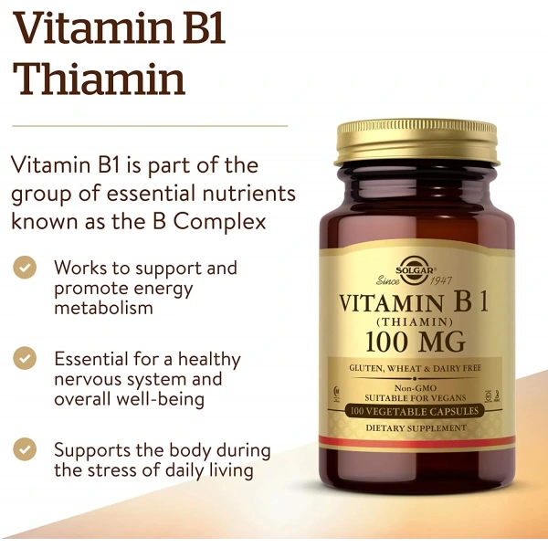 SOLGAR Vitamin B1 100mg (Thiamine) 100 Vegetarian Capsules
