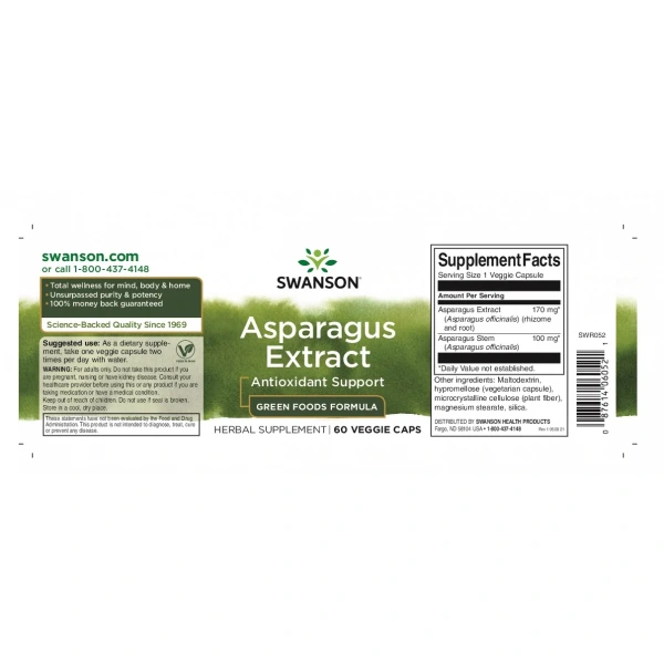 SWANSON Asparagus Extract (Ekstrakt ze szparagów) 60 Kapsułek wegetariańskich