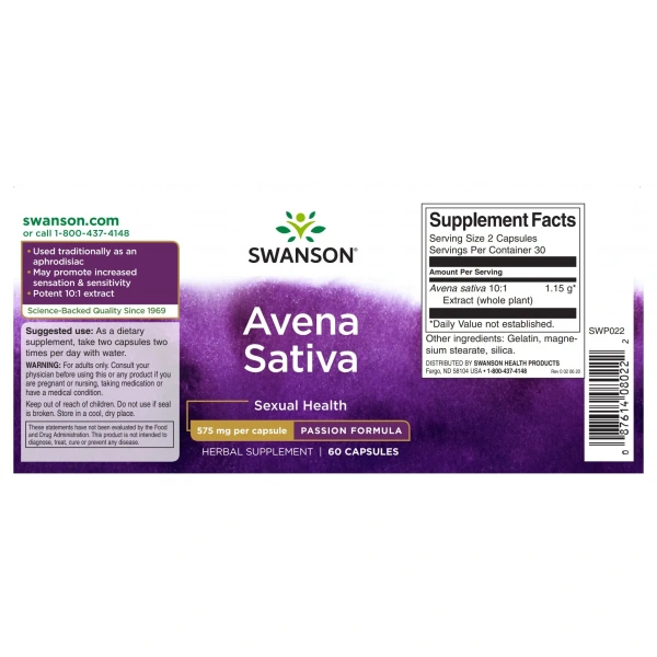 SWANSON Avena Sativa Extract (Zdrowie Seksualne) 60 Kapsułek