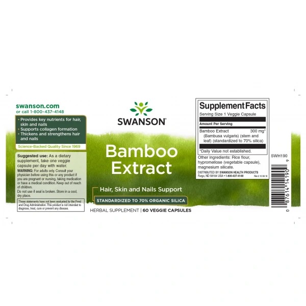SWANSON Bamboo Extract (Bambus, Wspiera naturalne piękno) 60 Kapsułek wegetariańskich