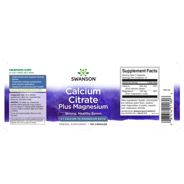 SWANSON Calcium Citrate Plus Magnesium (Kości, Mięśnie, Układ krwionośny) 150 Kapsułek
