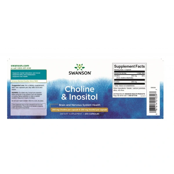 SWANSON Choline & Inositol (Cholina Inozytol, Wsparcie Pracy Mózgu) 250 Kapsułek