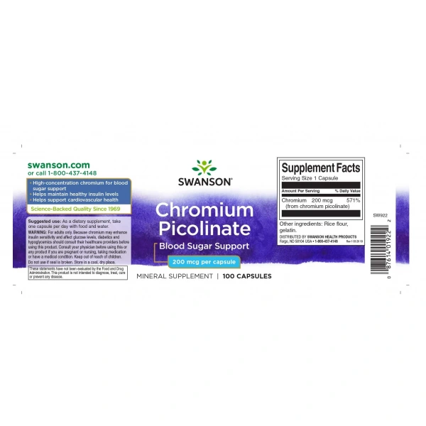 SWANSON Chromium Picolinate 200mcg (Pikolinian Chromu) 100 Kapsułek