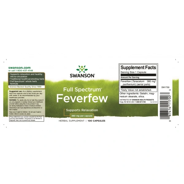 SWANSON Feverfew 380mg (Chrysanthemum Chrysanthemum, For relaxation) 100 capsules