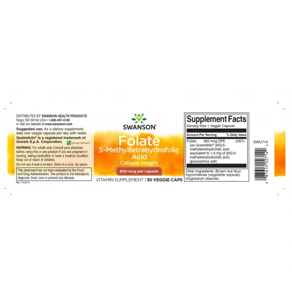 SWANSON Folate 5-Methyltetrahydrofolic Acid (Kwas Foliowy) 800mcg 30 Kapsułek wegetariańskich