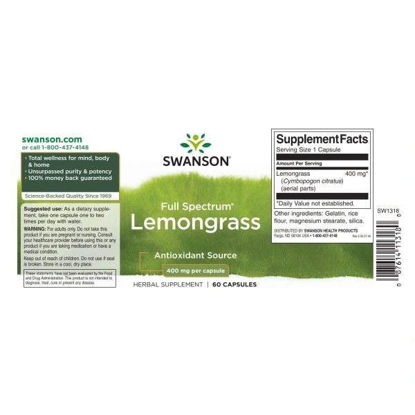 SWANSON Full Spectrum Lemongrass (Trawa cytrynowa) 60 Kapsułek