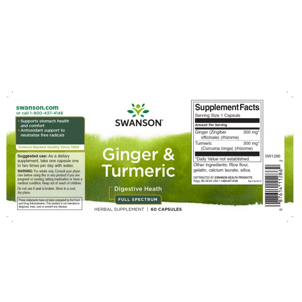 SWANSON Ginger & Turmeric (Imbir, Kurkuma, Wsparcie pracy żołądka) 60 Kapsułek