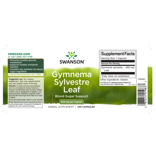 SWANSON Gymnema Sylvestre Leaf 400mg 100 capsules