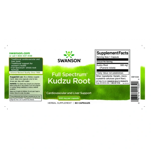 SWANSON Kudzu Root (Opornik Łatkowaty - Zdrowie Układu Sercowo-Naczyniowego i Wątroby) 60 kapsułek
