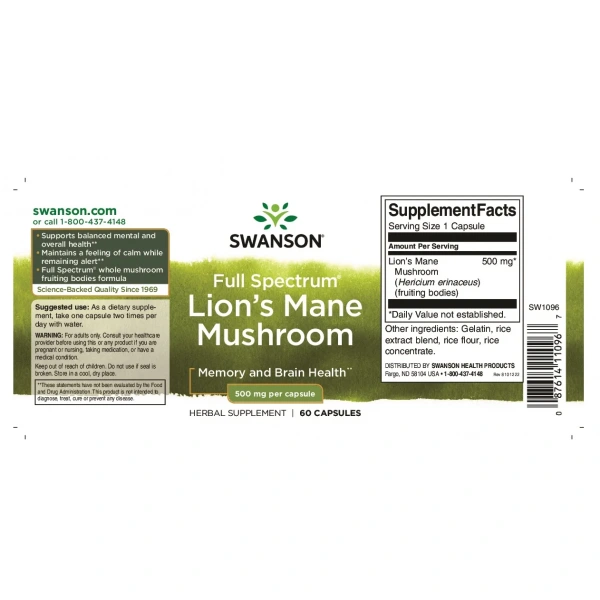 SWANSON Lion's Mane Mushroom (Brain and Nervous System Health) 500mg - 60 capsules