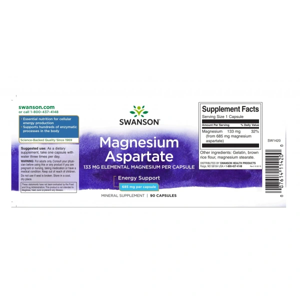 SWANSON Magnesium Aspartate (Zdrowie nerwowo-mięśniowe) 90 Kapsułek