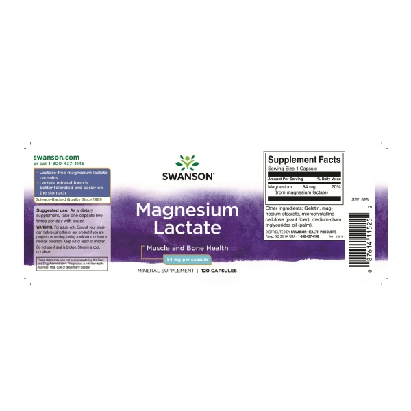 SWANSON Magnesium Lactate (Magnesium with better absorption) 120 Capsules