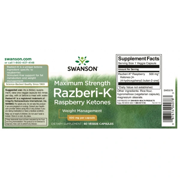 SWANSON Maximum Strength Razberi-K 500mg (Raspberry Ketones - Weight Control Formula) 60 veggie capsules
