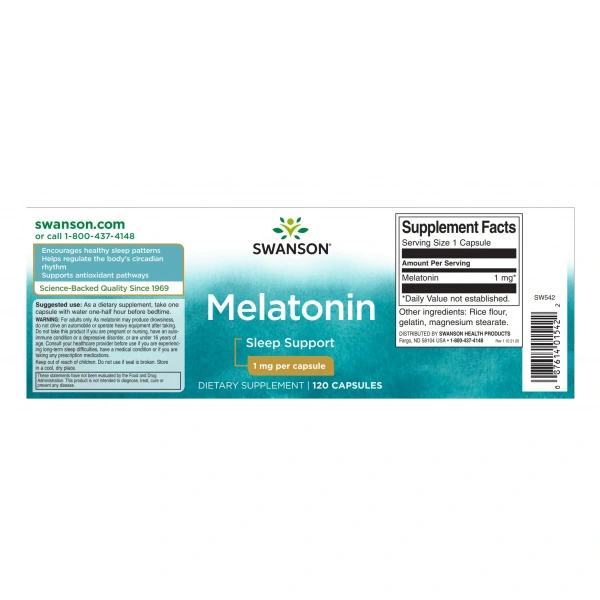 SWANSON Melatonin 1mg (Melatonina, Wsparcie snu) 120 Kapsułek