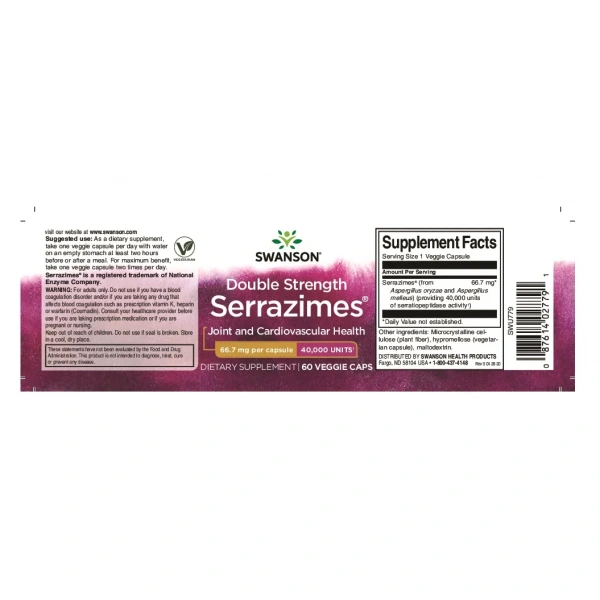 SWANSON Optimum Potency Serrazimes (Serrapeptydaza) 60 Kapsułek wegetariańskich