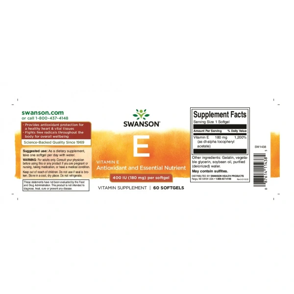 SWANSON Vitamin E 400U (Witamina E) 60 Kapsułek żelowych