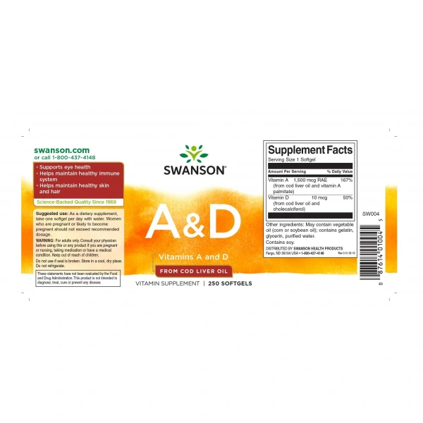 SWANSON Vitamins A & D (Witamina A i D) 250 Kapsułek żelowych