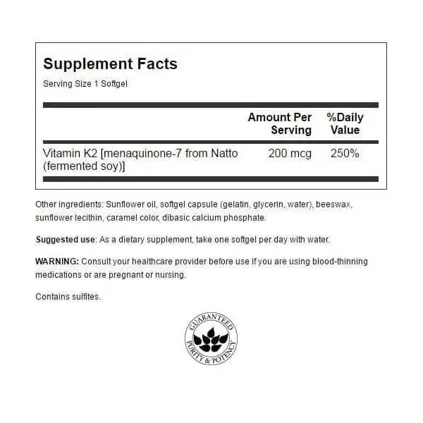 SWANSON Vitamin K2 200mcg (Naturalna Witamina K2) 30 Kapsułek żelowych