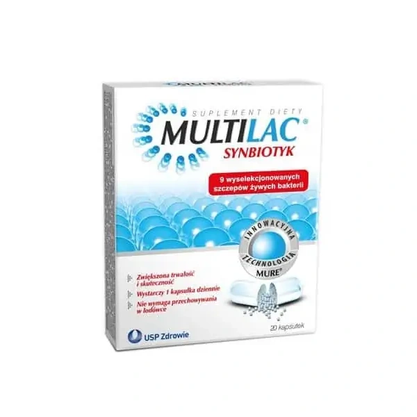 MULTILAC Synbiotyk (Probiotyk + Prebiotyk, Wsparcie układu pokarmowego) 20 Kapsułek