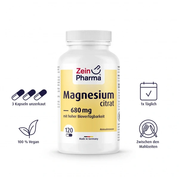 ZEIN PHARMA Magnesiumcitrat 680mg (Cytrynian magnezu) 120 Kapsułek wegańskich